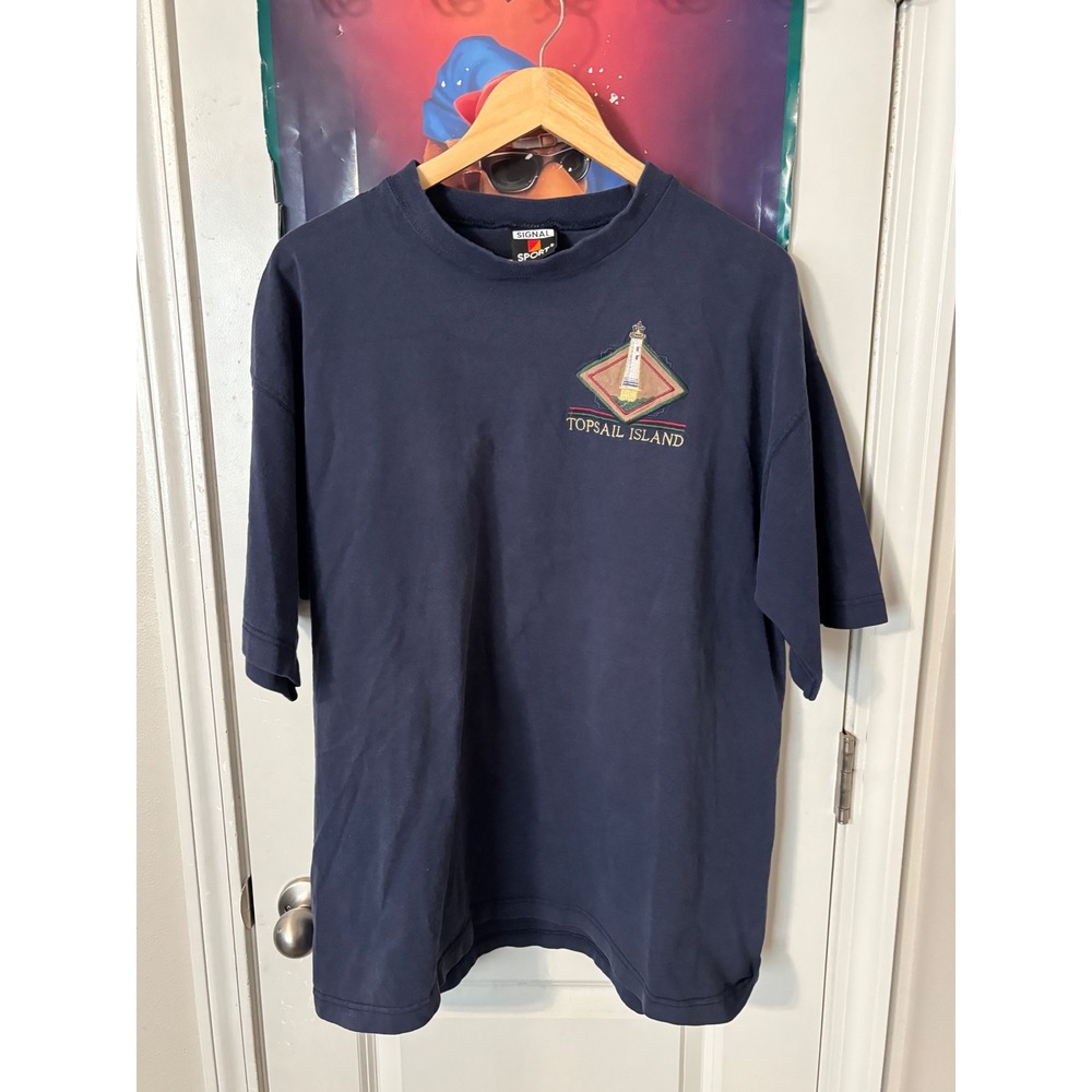 Vintage Signal Sport Topsail Island Lighthouse T-Shirt XL Navy Blue USA Made